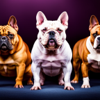 An image showcasing a diverse collection of sleek, powerful American Bullies, each adorned with unique kennel names, as they stand confidently in a row against a vibrant backdrop, emanating an aura of distinction