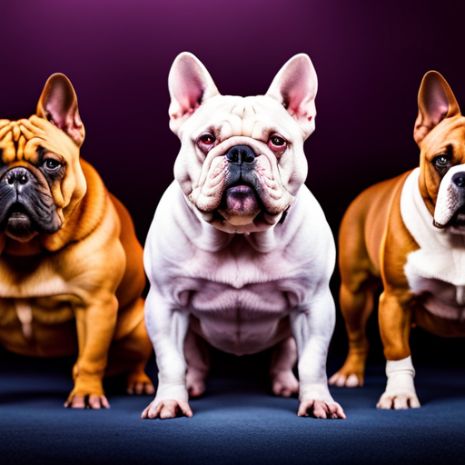 An image showcasing a diverse collection of sleek, powerful American Bullies, each adorned with unique kennel names, as they stand confidently in a row against a vibrant backdrop, emanating an aura of distinction