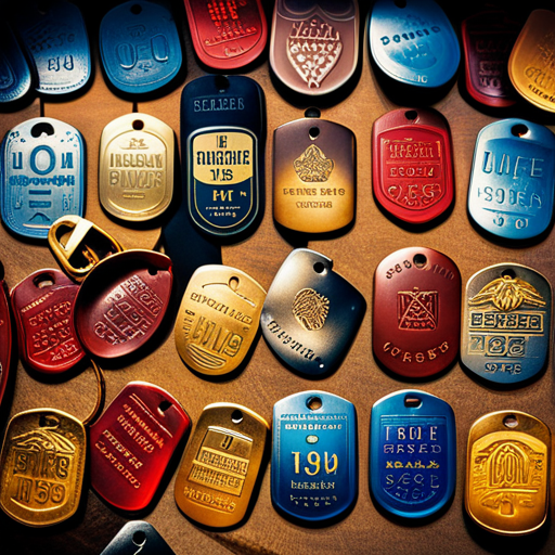 An image showcasing a vibrant collage of colorful dog tags, each engraved with unique kennel names
