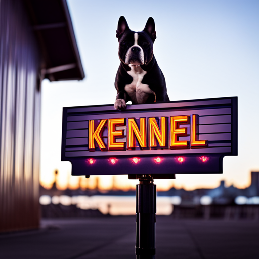 An image showcasing a stylish kennel sign with bold typography and a fierce American Bully silhouette