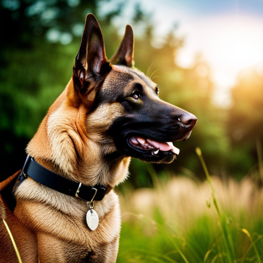 An image of a regal Belgian Malinois, standing proudly with a customized dog tag displaying a unique name generated by the Belgian Malinois Name Generator