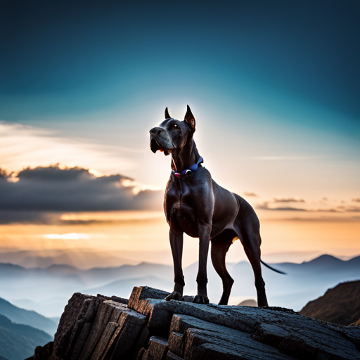 An image featuring a powerful, majestic Great Dane standing proudly on a mountaintop, with its muscular body and regal gaze, capturing the essence of traditional big dog names that exude strength and dominance
