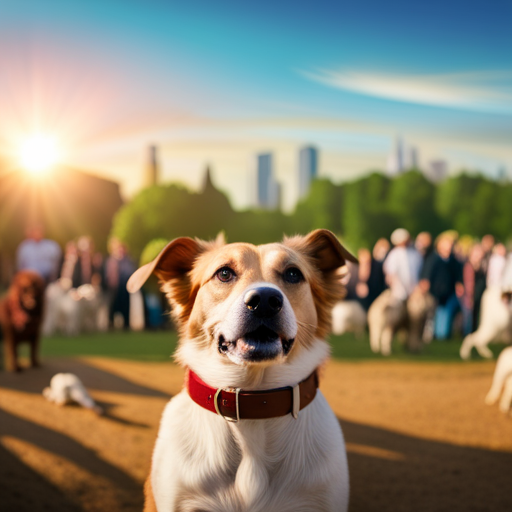 An image showcasing a colorful, whimsical dog park scene with a giant dog towering over a crowd of dogs, each wearing a name tag with a unique and creative name for these lovable giants