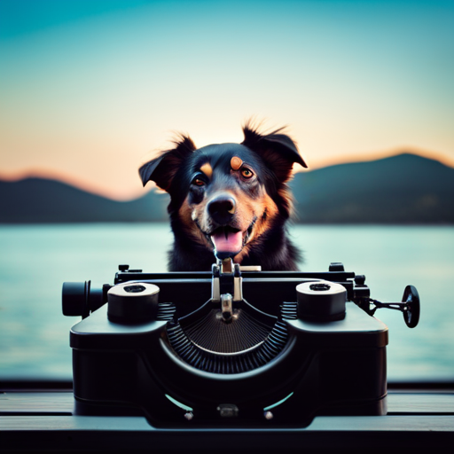 An image featuring a sleek, minimalist backdrop with a vintage typewriter, adorned with a collar and leash, symbolizing the fusion of nostalgia and modernity in dog naming