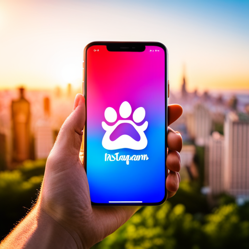 An image showcasing a sleek smartphone screen with a paw-shaped cursor hovering over a vibrant "Dog Instagram Name Generator" app icon