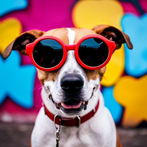 An image featuring a trendy dog with sunglasses, posing in front of a vibrant graffiti wall adorned with various dog-related hashtags and emojis, symbolizing the significance of a captivating and unique dog Instagram name