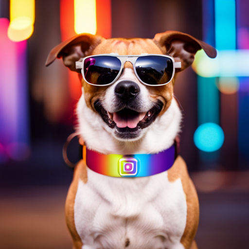 An image showcasing a colorful, futuristic dog collar with a built-in Instagram icon, surrounded by a digital interface displaying various dog breeds and Instagram usernames being generated in real-time