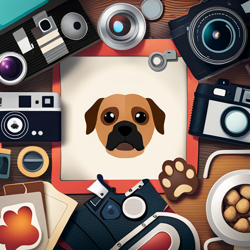 An image showcasing a vibrant collage of dog-related icons, including dog bones, paw prints, and cameras, arranged in a playful and eye-catching manner