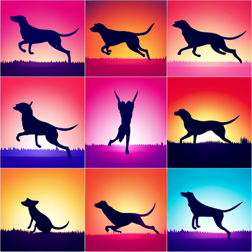 An image showcasing a colorful array of dog silhouettes, playfully leaping across a vibrant backdrop