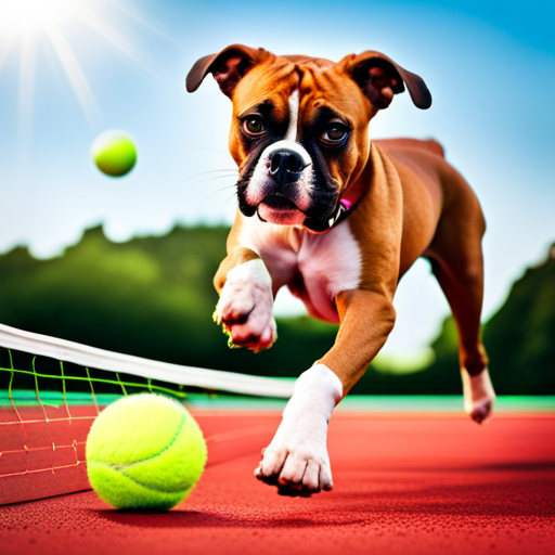 An image showcasing a vibrant, action-filled scene with a playful Boxer dog surrounded by bouncing tennis balls, exuding boundless energy