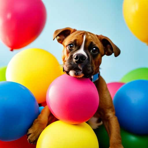 An image featuring a playful, wide-eyed Boxer puppy surrounded by colorful balloons and a variety of props, such as a toy bone, a tennis ball, and a dog collar, showcasing the cuteness and adorableness of Boxer dog names