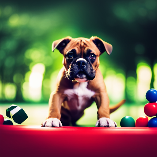 An image featuring a mischievous Boxer pup playfully tipping over a toy box, surrounded by scattered toys and a mischievous grin, capturing the essence of playful and mischievous Boxer dog names
