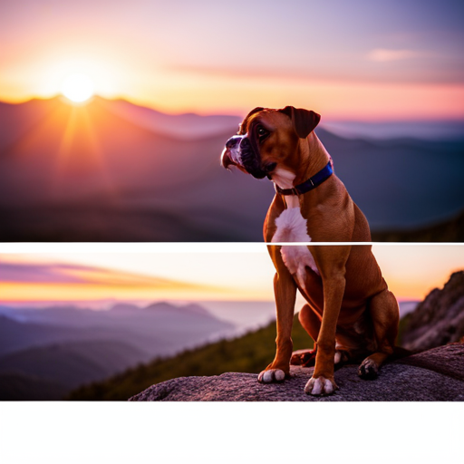 An image featuring a muscular and courageous boxer dog standing proudly on a rocky cliff, surrounded by breathtaking mountains and a vibrant sunset
