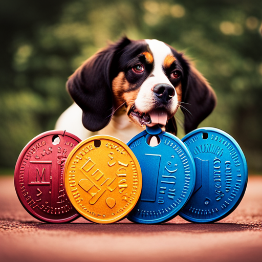 An image featuring a collage of vibrant dog tags, each uniquely engraved with quirky names like "Snickerdoodle," "Wigglebutt," and "Noodlehead