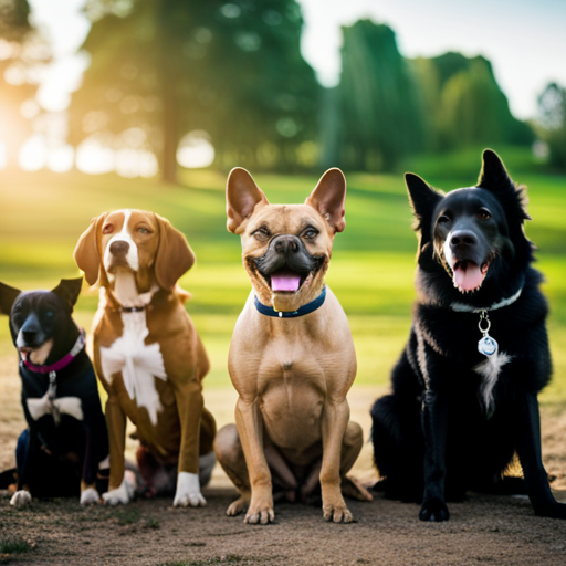 An image of a colorful dog park scene, showcasing a diverse group of dogs of different breeds, sizes, and colors, each labeled with a unique gender-neutral name tag, highlighting inclusivity and breaking stereotypes