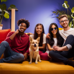An image showcasing a diverse group of millennials and Gen Z'ers sitting in a vibrant, eclectic living room, surrounded by their adorable dogs with names inspired by pop culture icons from the past and present