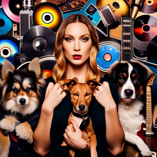 An image featuring a vibrant collage of iconic music symbols, like vinyl records, electric guitars, and microphones, blended with snapshots of Gen Z and Millennial dog owners, proudly posing with their pups named after influential music artists
