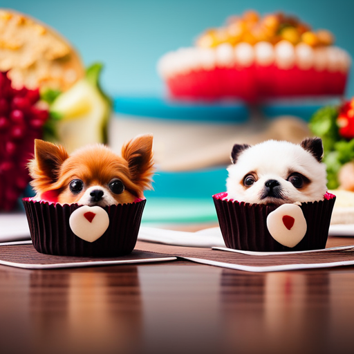 An image showcasing two adorable puppies, one named "Mochi" and the other "Chai," surrounded by colorful props like a cupcake, a sushi roll, a milkshake, and a taco, representing the trendy food and drink inspired names for Gen Z and Millennial pets