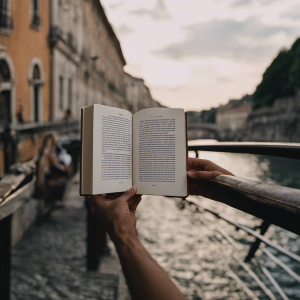 An image showcasing a person holding a book with English commands on one side and Italian commands on the other