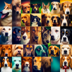 Ful collage of various dog breeds, ranging from small to large, with different coat patterns and sizes, playfully interacting with each other, showcasing the diversity offered by the Random Dog Breed Generator