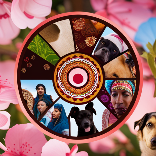 An image showcasing a vibrant collage of diverse cultural symbols like a Japanese cherry blossom, a Mexican sombrero, an Indian henna design, and an African tribal pattern, all surrounding a happy multicultural group of dogs