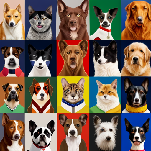 An image showcasing a vibrant collage of various dog breeds in different sizes, colors, and patterns, each wearing a collar adorned with flags from different countries, symbolizing the rich tapestry of multicultural dog names