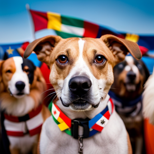 An image featuring a vibrant collage of colorful flags representing different countries, surrounded by a diverse group of playful dogs, each wearing a collar with a unique symbol representing their cultural heritage