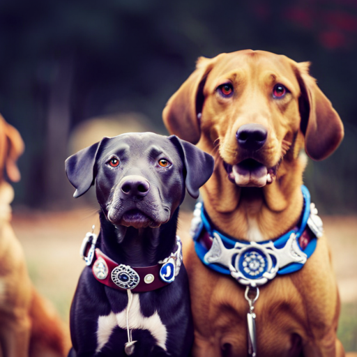 An image of a diverse group of dogs, each wearing a collar adorned with a significant symbol representing their owner's heritage