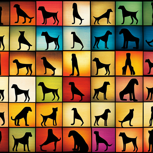 An image showcasing a vibrant mosaic of dog silhouettes in the style of ancient Egyptian, Greek, and Mayan art