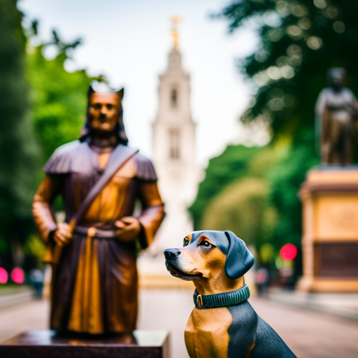 An image showcasing a loyal dog proudly posing alongside a statue of a revered historical figure, symbolizing the idea of naming your canine companion after a heroic inspiration