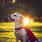 An image featuring a loyal dog basking in golden sunlight, wearing a cape adorned with symbols of renowned heroes, like a lightning bolt and a shield, inspiring readers to celebrate their personal inspirations through naming their own furry companions