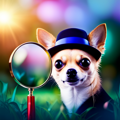  an adorable chihuahua wearing a tiny detective hat, sitting beside a magnifying glass reflecting vibrant colors