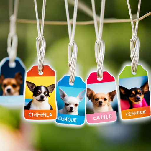  the essence of cuteness with a vibrant image showcasing a collection of colorful name tags, each adorned with unique and adorable Chihuahua names