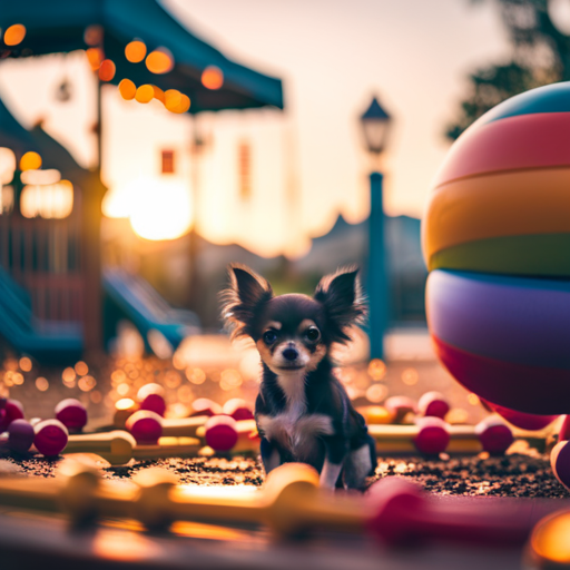 An image showcasing a colorful, whimsical playground filled with toy bones, bouncing balls, and vibrant flowers