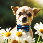 An image of a playful Chihuahua surrounded by a vibrant bouquet of daisies and wearing a tiny bow tie
