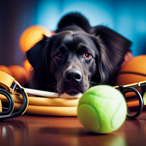 An image of a dog surrounded by various objects that represent its unique characteristics; a tennis ball for playfulness, a bone for loyalty, and a leash for obedience, symbolizing the process of choosing the perfect handle for your furry friend