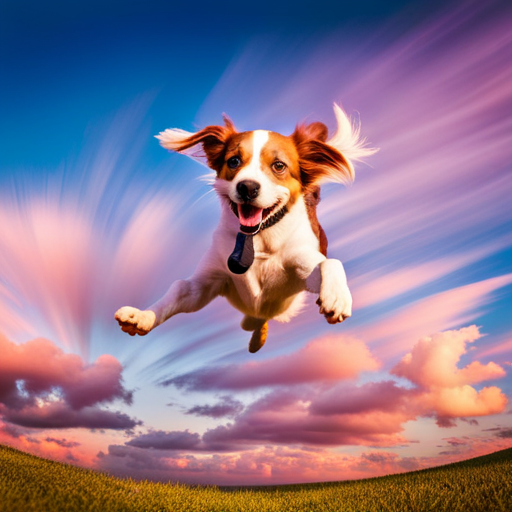 An image showcasing a playful, energetic dog leaping mid-air with a vibrant, dynamic background