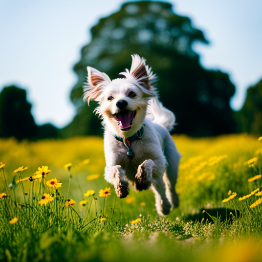 An image showcasing a playful and energetic dog named "Bounce" running through a field of vibrant wildflowers, capturing the essence of a lively and spirited personality reflected in their name
