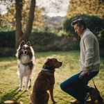 An image showcasing a frustrated dog owner attempting to teach their Italian dog commands, while the dog looks confused