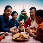 An image featuring a diverse family gathered around a beautifully decorated table, with their beloved dog sitting beside them