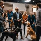 An image of a diverse group of experts, dog trainers, and enthusiastic dog owners, engaging in a lively discussion about Italian dog commands