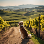 An image showcasing a joyful Italian landscape, where a playful dog eagerly follows its owner's commands, showcasing a range of activities like fetching, sitting, and rolling over, all with a backdrop of rolling hills and vineyards