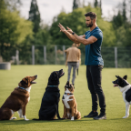 An image showcasing a professional trainer in action, using precise hand gestures and body language while instructing a group of attentive dogs in various obedience exercises, all performed using Italian commands
