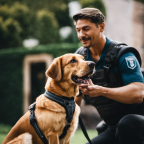 An image showcasing a well-groomed dog, wearing a secure harness, engaging in obedience training with its owner