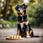 An image showcasing an older dog sitting attentively while its owner, holding a treat, demonstrates an Italian command