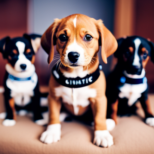 An image featuring a diverse group of adorable puppies, each wearing a unique collar displaying a name tag