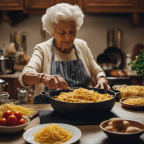 An image showcasing a bustling kitchen scene with an Italian grandmother effortlessly gesturing commands to family members, while preparing a traditional pasta dish