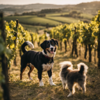 An image of an Italian dog training session, where a skilled trainer stands in a picturesque Tuscan vineyard