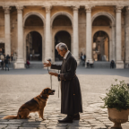 An image of a dog sitting in a serene Italian piazza, with a backdrop of ancient Roman architecture