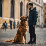 An image capturing a dog owner standing tall, confidently giving an Italian command to their loyal pup